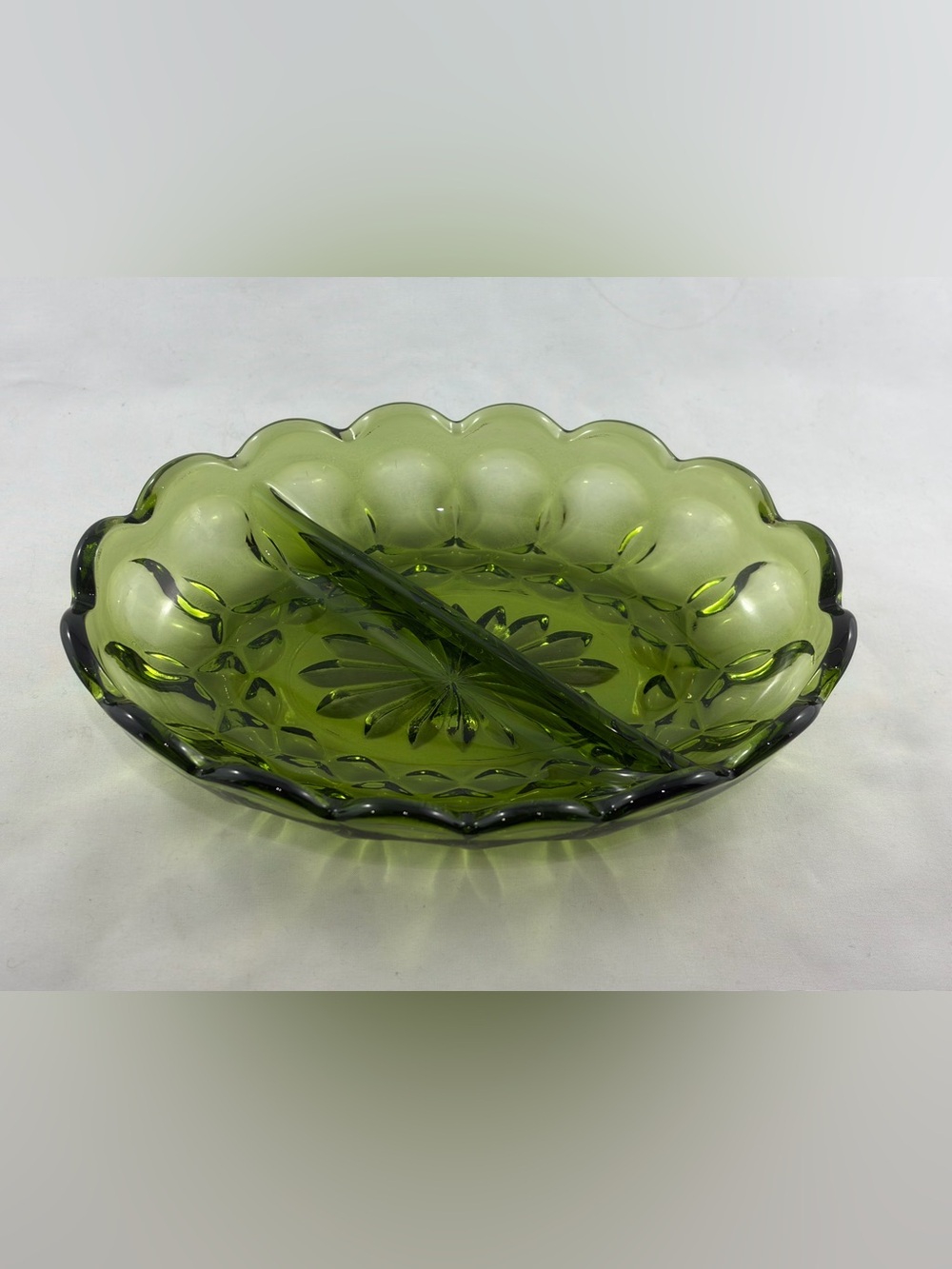 Vintage Indiana Glass Lilly Pons Avocado Green Divided Relish Dishes - Set of 3 - Picture 3 of 3